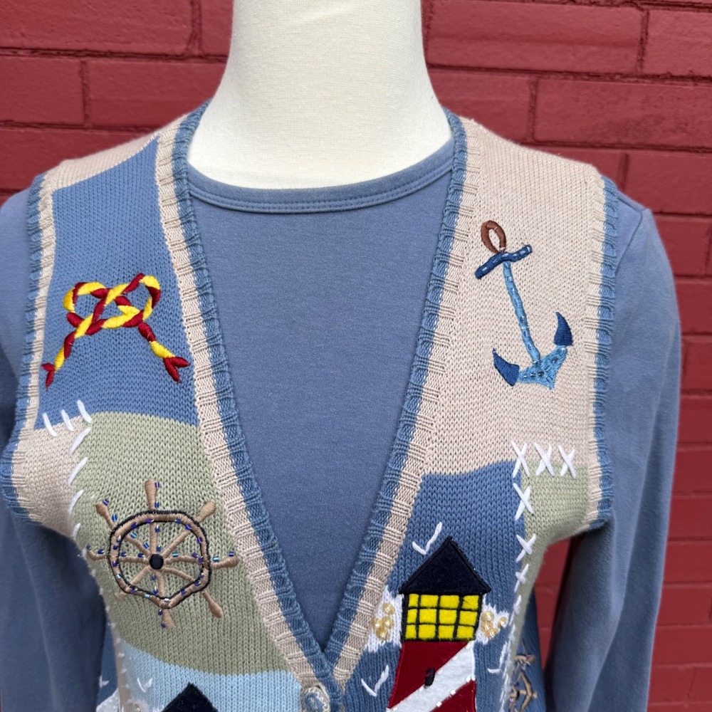 Nautical Knit Cardigan Vest Womens Medium Sleeveless Coastal Grandma Sailing - Picture 2 of 9